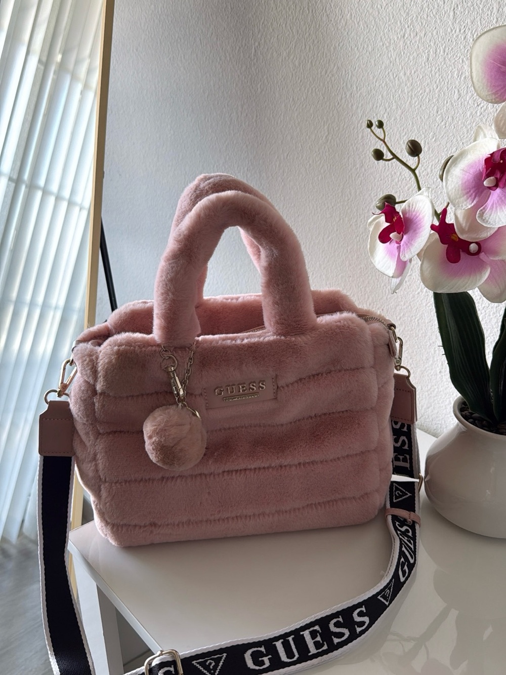 GUESS Pink Plush Faux-Fur Satchel with Logo Strap